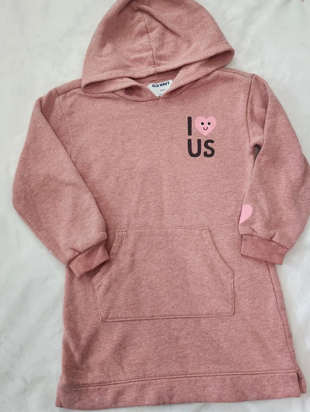Old Navy Rose Pink Hooded Sweatshirt Dress with Heart Graphic
